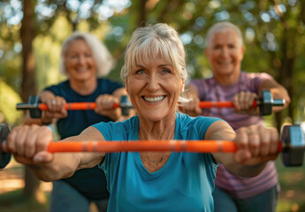 smiling group of senior people doing sports in park, one woman is holding dumbbells and another...