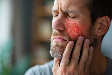 Close-up of a middle-aged man touching his face, expressing discomfort due to a severe red facial rash. Herpes Zoster (Shingles): A viral infection causing a painful rash.