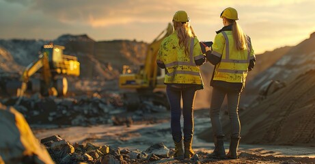 Scenic view of three engineers in yellow safety vests and white helmets standing on a construction site with a computer tablet