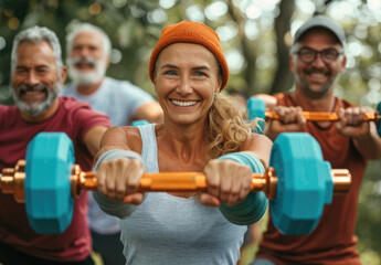 smiling group of senior people doing sports in park, one woman is holding dumbbells and another...