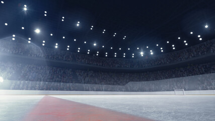 3D render of empty hockey arena with blurred fan zone, flashlights. Empty ice rink before...