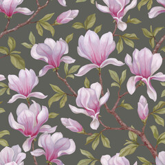 Hand painted acrylic illustrations of magnolia flowers. Seamless pattern design. Perfect for fabrics, wallpapers, clothes, home textile, packaging design and other prints - 767946610
