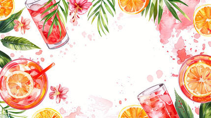 Tropical Summer Drink with Fruits and Flowers