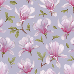 Hand painted acrylic illustrations of magnolia flowers. Seamless pattern design. Perfect for fabrics, wallpapers, clothes, home textile, packaging design and other prints - 767946689