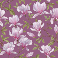 Hand painted acrylic illustrations of magnolia flowers. Seamless pattern design. Perfect for fabrics, wallpapers, clothes, home textile, packaging design and other prints - 767946696