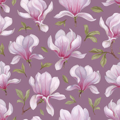 Hand painted acrylic illustrations of magnolia flowers. Seamless pattern design. Perfect for fabrics, wallpapers, clothes, home textile, packaging design and other prints - 767946826