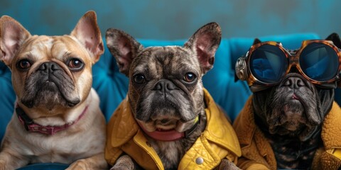 Three dogs are wearing sunglasses and jackets, posing for a photo