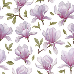 Hand painted acrylic illustrations of magnolia flowers. Seamless pattern design. Perfect for fabrics, wallpapers, clothes, home textile, packaging design and other prints