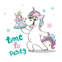 Beautiful funny unicorn holds a kawaii style cake and the inscription is time to party on a white background - 767947003