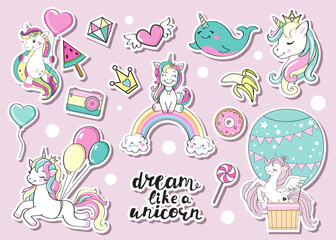 Collection of funny unicorns on a pink background. Birthday concept. Vector illustration - 767947015