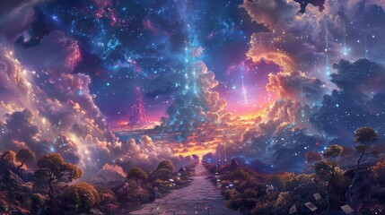 Fantastical Cosmic Pathway with Vivid Nebulae
