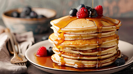 Sumptuous pancakes topped with syrup and fresh raspberries, blueberries, served on a white plate,...