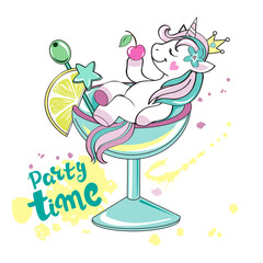 Beautiful unicorn lying in a glass and the inscription party time on a white background - 767947089