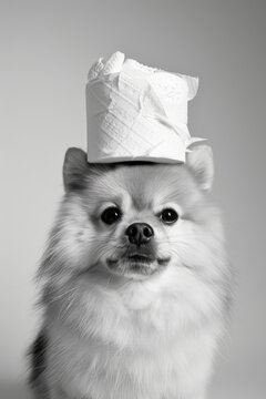 Dog with a toilet paper on its head, black and white photography made with Generative AI