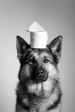 Dog with a toilet paper on its head, black and white photography made with Generative AI