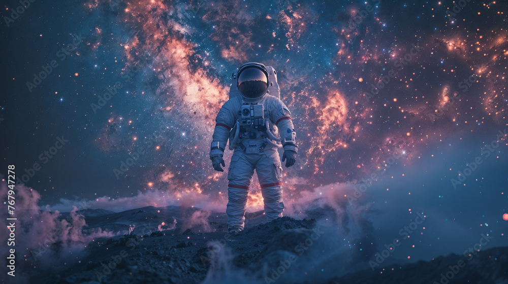 Wall mural astronaut on the unknown planet with starry sky on the background. generative ai