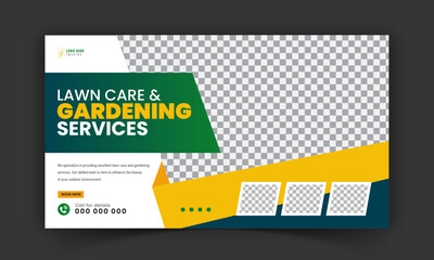 Corporate lawn care and gardening or landscaping service live stream YouTube video thumbnail design, lawn mower, gardening, promotion, social media post template, abstract green, yellow color shapes