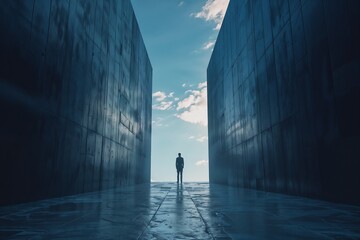 Overcoming Obstacles: Person Stands Tall Between Towering Walls, Gazing Towards the Sky. Generative ai