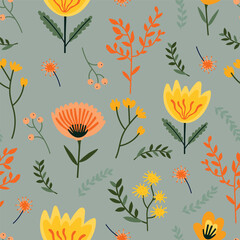 Seamless pattern with hand drawn flowers and herbs. Vector illustration. - 767947226