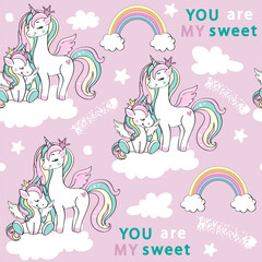 Beautiful unicorn mother with baby and the inscription you are my sweet seamless pattern on a pink background - 767947247