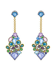 Earrings jewelry design set with fancy sapphire sketch by hand on paper.