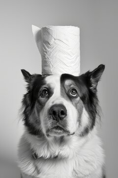 Dog with a toilet paper on its head, black and white photography made with Generative AI