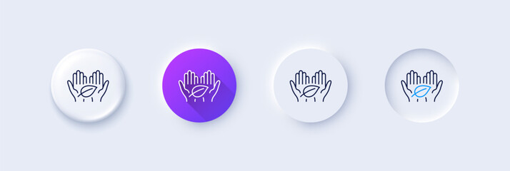 Fair trade line icon. Neumorphic, Purple gradient, 3d pin buttons. Bio cosmetics sign. Organic tested symbol. Line icons. Neumorphic buttons with outline signs. Vector