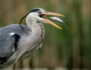 Selective focus shot of a gray heron catching a fish in its beak
