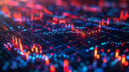 A colorful, abstract image of a cityscape with many dots and lines