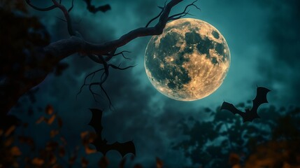 Full moon illuminates a moody nocturnal scene with bats flying and bare tree branches.