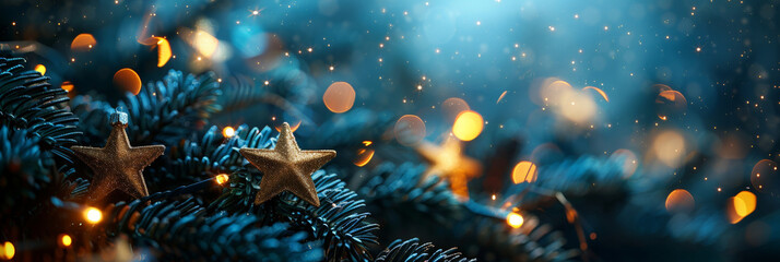 Christmas background with lights.golden glowing stars, and starry garland decoration. Christmas greeting cards, postcards, banners, Happy New Year Celebration Sparkles