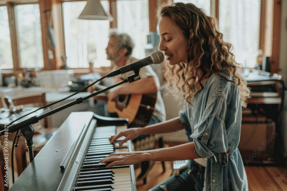 Canvas Prints a woman playing piano and white man with guitar in the background