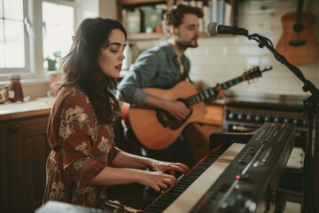a woman playing piano and white man with guitar in the background
