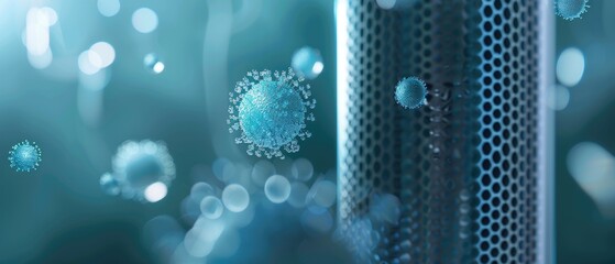Conceptual air purifier with an aura of bubbles, each bubble targeting and neutralizing viruses, 3D illustration
