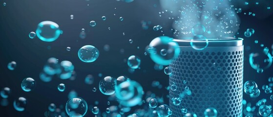Conceptual air purifier with an aura of bubbles, each bubble targeting and neutralizing viruses, 3D illustration - obrazy, fototapety, plakaty