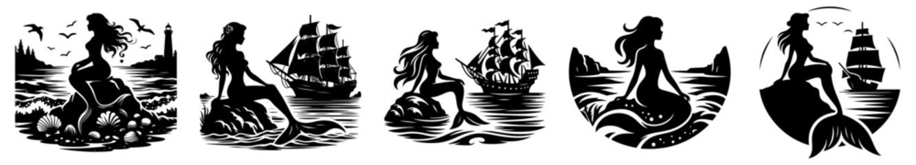 Mermaid  Bech Vector, Mermaid Clipart, Mermaid Vector illustration, Mermaid silhouette, Isolated On White Background