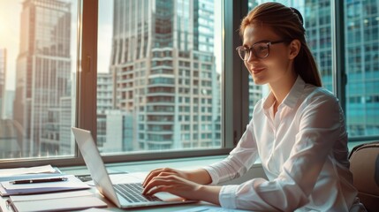 person working on laptop, happy business woman, wearing eyeglasses, working at desk, looking at laptop, typing keyboard, background is in office.