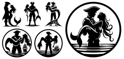 Mermaid and Pirate Vetctor, Mermaid and Pirate Clipart, Mermaid Vector illustration, Mermaid silhouette, Isolated On White Background