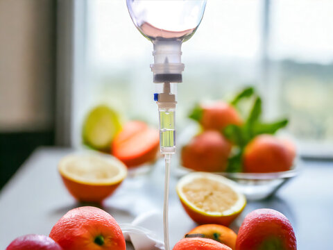 Vitamin iv drip natural green orangs therapy treatments concept.