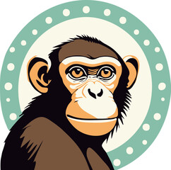 Vector illustration of a chimpanzee in a round green frame.
