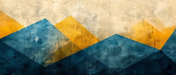 Hipster decor features a dynamic abstract poster with sharp geometric yellow and blue stripes, trendy and vibrant
