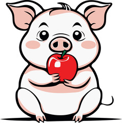 Vector pig holding a ripe apple in its mouth while standing on a white background