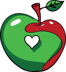 Vector illustration of a red and green apple with a heart-shaped cut-out in the center.