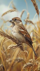 Sparrow in a grain field photography made with Generative AI
