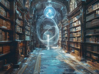 A library with a blue orb in the middle of the room