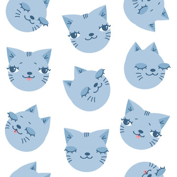 Cute hand drawn seamless pattern with cat heads. Kitten seamless pattern. Cartoon childish design. Vector illustration