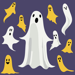 Vector illustration of a set of white and yellow Halloween ghosts on the purple background