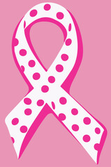 A pink and white polka dot breast cancer awareness ribbon
