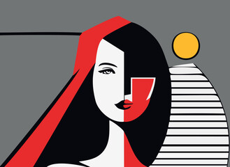 Vector of a woman in red scarf on a gray background