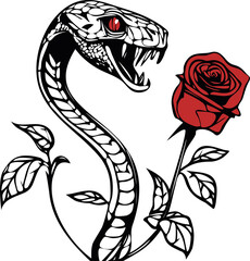 Art of a snake with a rose in its mouth and a tail tattoo design